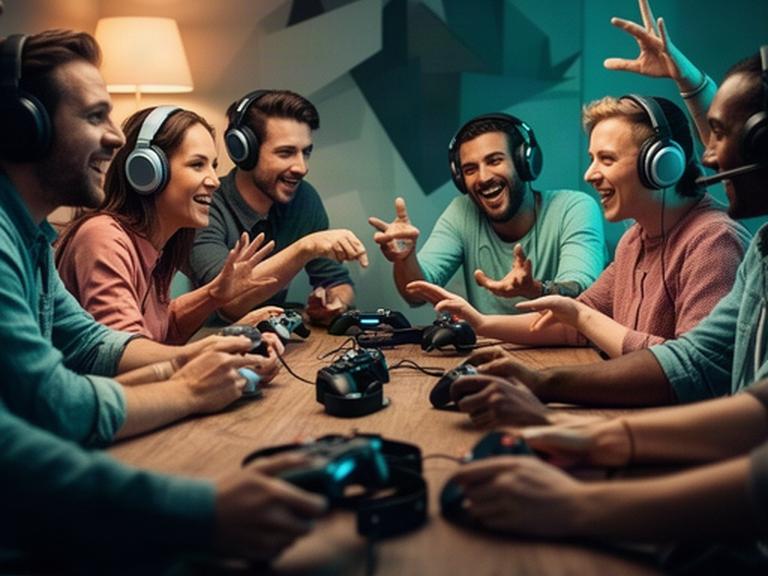 Friends at a shared gaming table in a warmly lit room, coordinating a co-op session with headsets and controllers